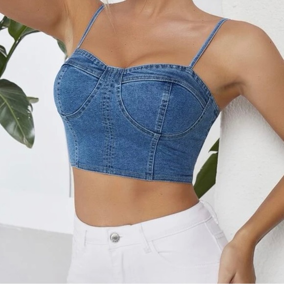 Zipper Back Bustier Crop Denim Cami Top - Picture 1 of 3